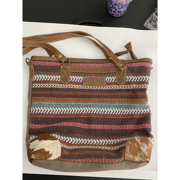 Myra Bag Multicolored Braided Brown Leather Tote EUC - Picture 1 of 5